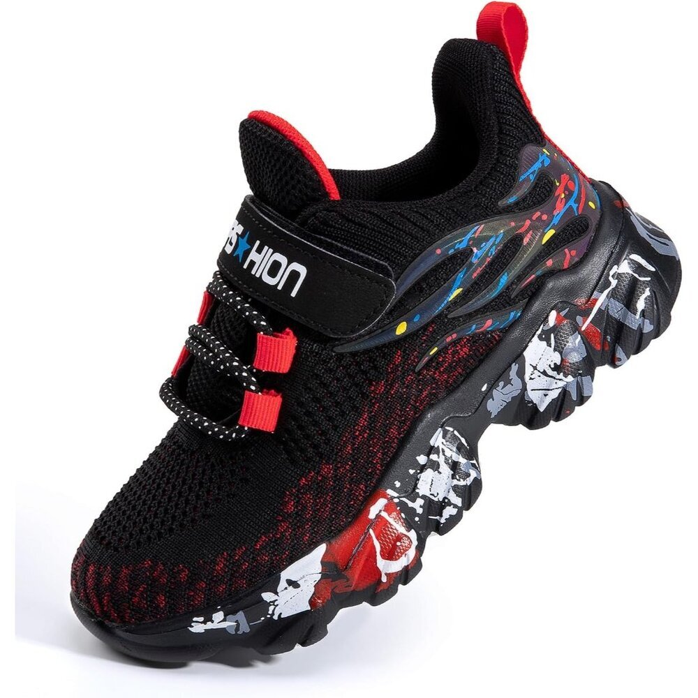 〽️Boys Running Athletic Black Red Sneakers Sport Breathable Tennis Comfort Shoes